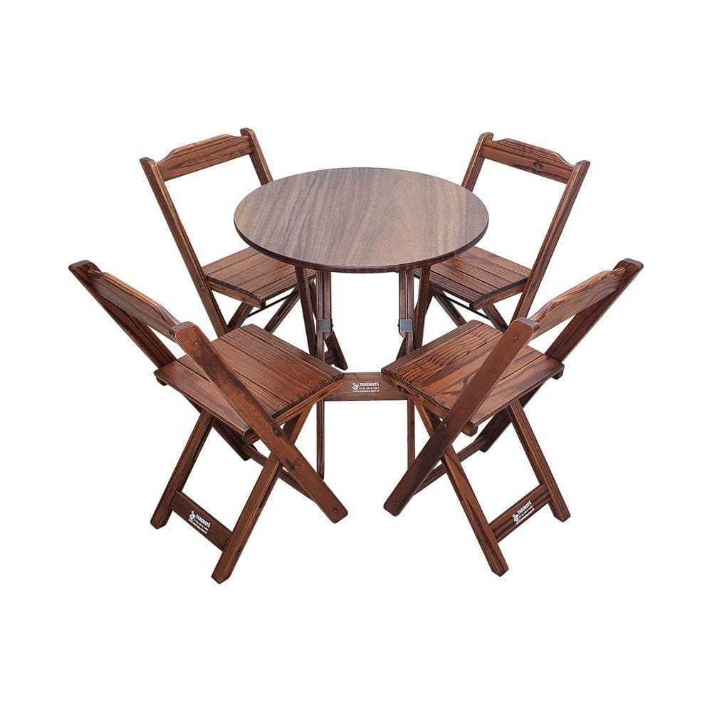 Mesa Dobrável De Madeira Redonda 70cm Com 4 Cadeiras Imbuia - Cor: Marrom