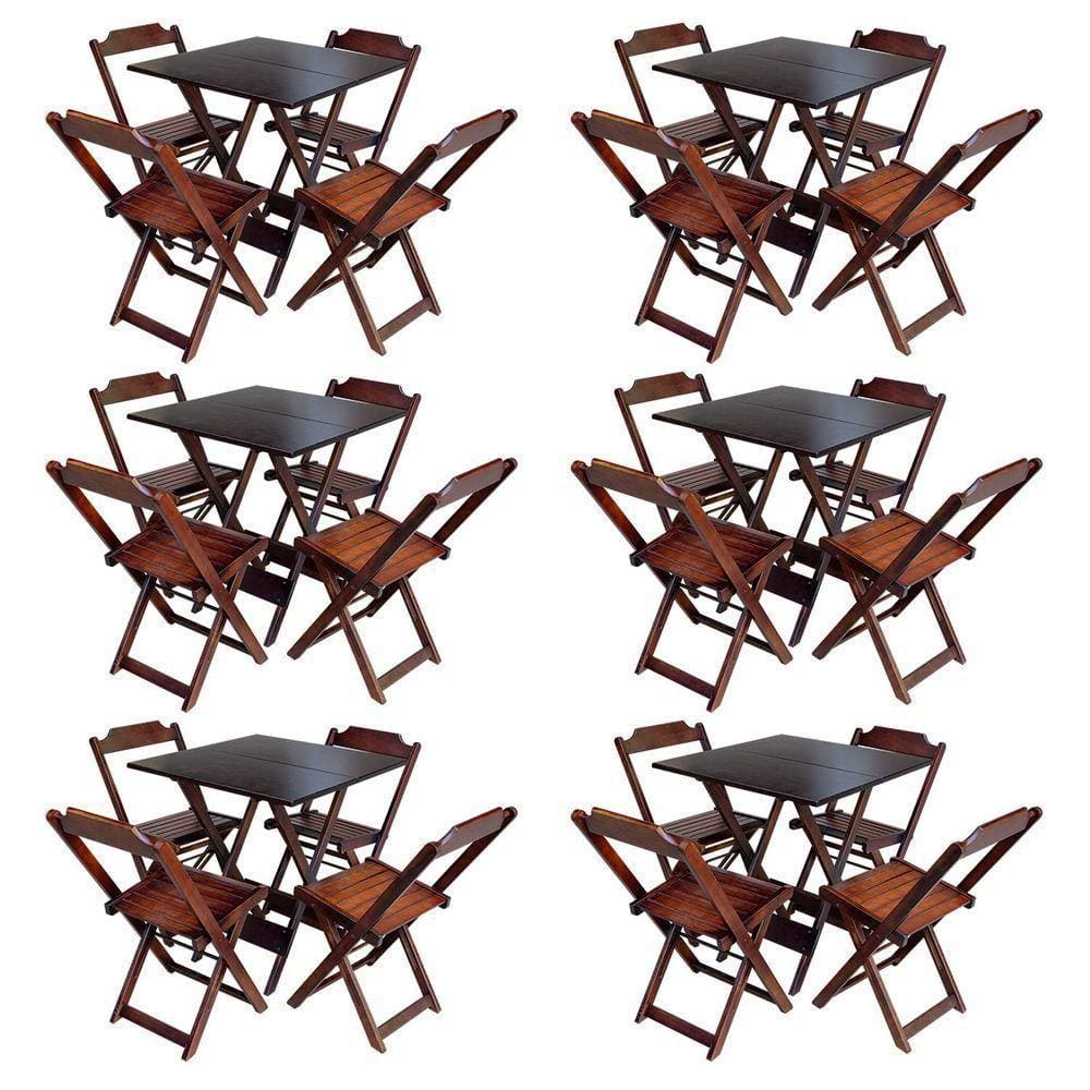 Kit 6 Conjuntos De Mesa Com 4 Cadeiras De Madeira Dobravel 70X70 Imbuia - Marrom
