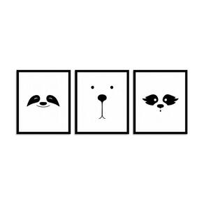 Kit De Quadros Rosto De Bichinhos 77cmx28,5cm - Cria Arte Laser Preto