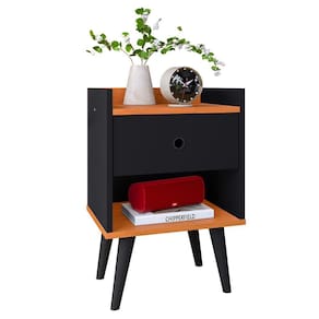Mesinha Quarto Lateral Cama Mesa Cabeceira 1 Gaveta Organizadora Pés Palito Retrô - Preto/Cinamomo - RPM Móveis