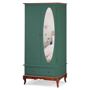 Guarda Roupa Solteiro Com Espelho 2 Portas 1 Gaveta 60406E Linz Móveis - Verde Musgo/Imbuia