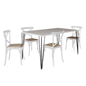 Conjunto De Mesa Elen Retangular Tampo De Madeira 140X80Cm Branco Com 4 Cadeiras Katrina Branca