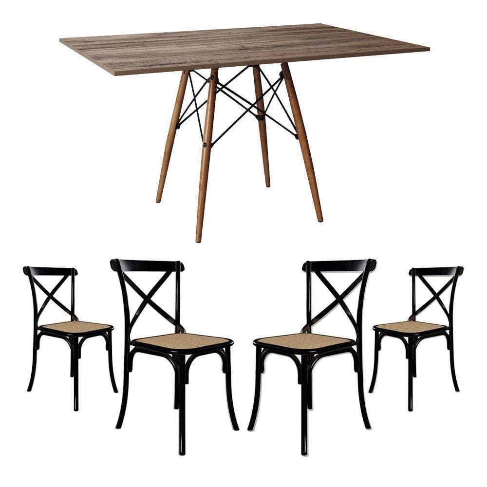 Conjunto De Mesa Eiffel Retangular Tampo De Madeira 120X75Cm Amêndoa Com 4 Cadeiras Katrina Preto