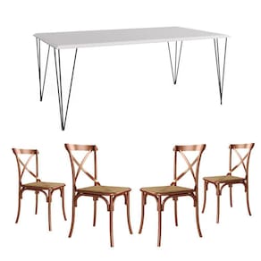Conjunto De Mesa Elen Retangular Tampo De Madeira 140X80Cm Branco Com 4 Cadeiras Katrina Cobre