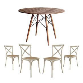 Conjunto De Mesa Eiffel Redondo Tampo De Madeira 90Cm Amêndoa Com 4 Cadeiras Katrina Off White