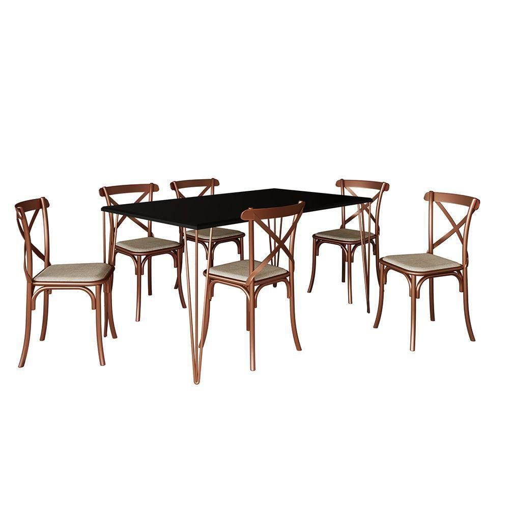 Conjunto Mesa De Jantar Elen Com 6 Cadeiras Katrina Base Cobre E Tampo Preto 150Cm - Cor: Marrom