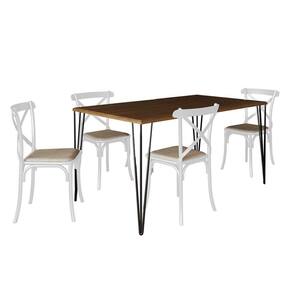 Conjunto De Mesa Elen Retangular Tampo De Madeira 140X80Cm Amêndoa Com 4 Cadeiras Katrina Branca