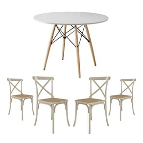 Conjunto De Mesa Eiffel Redondo Tampo De Madeira 110Cm Branco Com 4 Cadeiras Katrina Off White