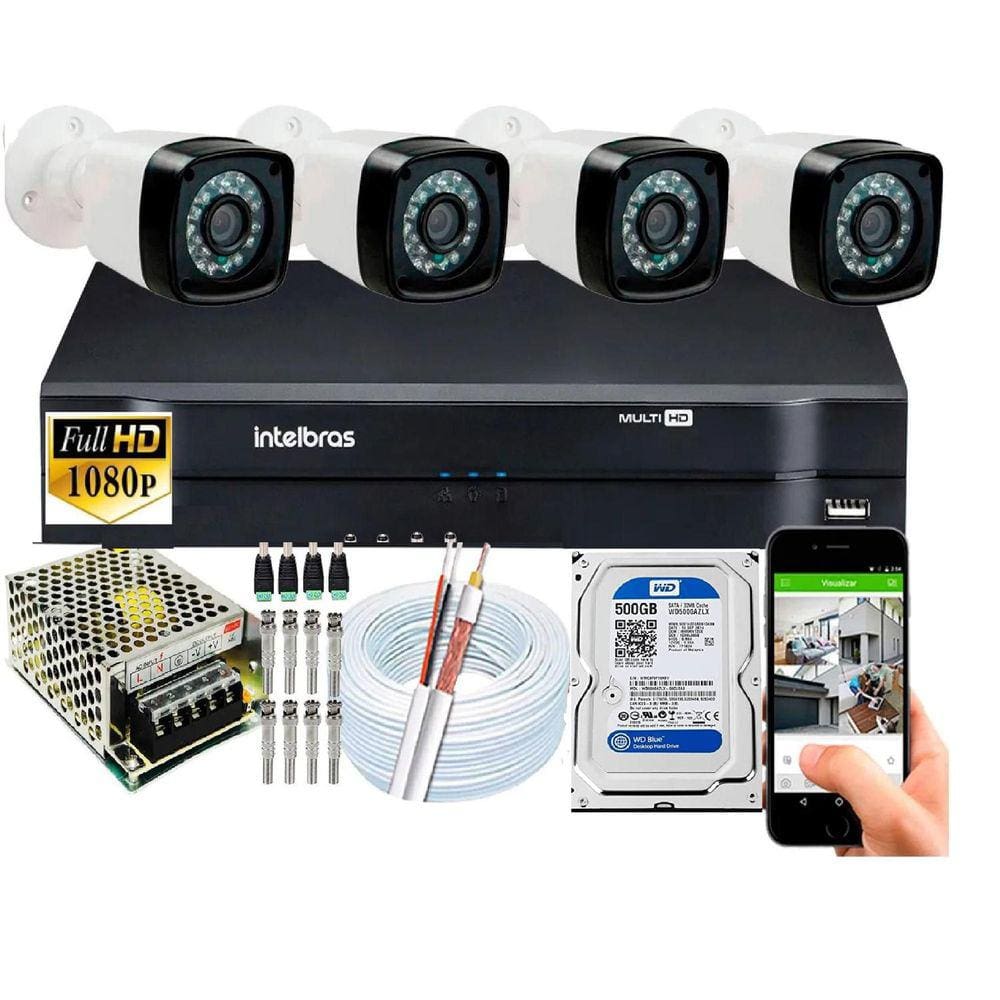 Kit 4 Cameras Segurança 1080p Full Hd -2MP+Dvr Intelbras 4ch C/hd 500Gb
