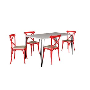Conjunto De Mesa Elen Retangular Tampo De Madeira 140X80Cm Branco Com 4 Cadeiras Katrina Vermelha