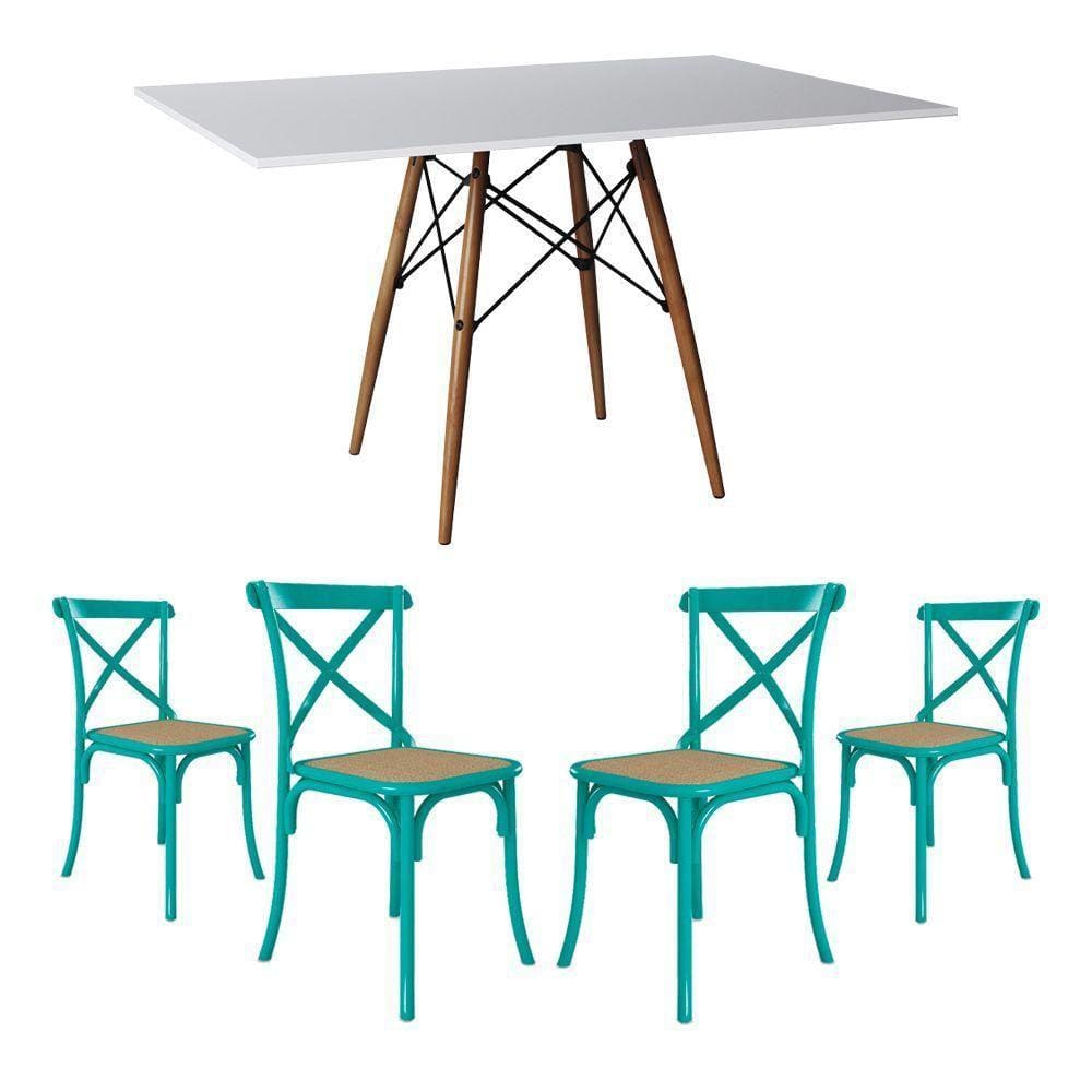Conjunto De Mesa Eiffel Retangular Tampo De Madeira 120X75Cm Branco Com 4 Cadeiras Katrina Azul Turq