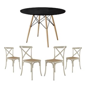 Conjunto De Mesa Eiffel Redondo Tampo De Madeira 90Cm Preto Com 4 Cadeiras Katrina Off Whiteo