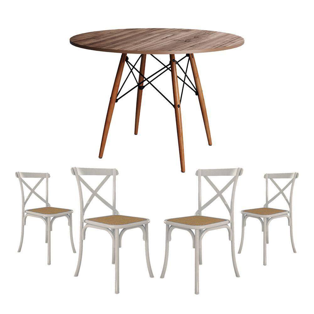 Conjunto De Mesa Eiffel Redondo Tampo De Madeira 110Cm Amêndoa Com 4 Cadeiras Katrina Brancao