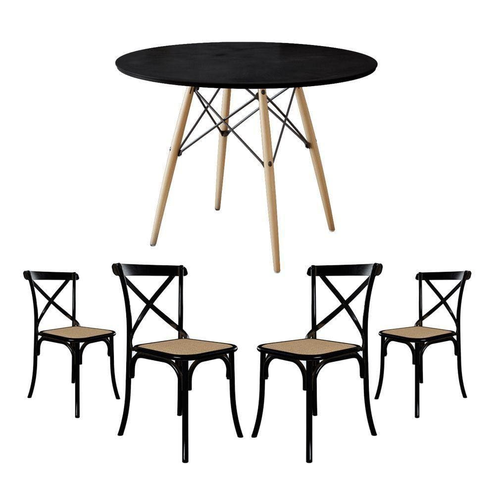 Conjunto De Mesa Eiffel Redondo Tampo De Madeira 90Cm Preto Com 4 Cadeiras Katrina Preto