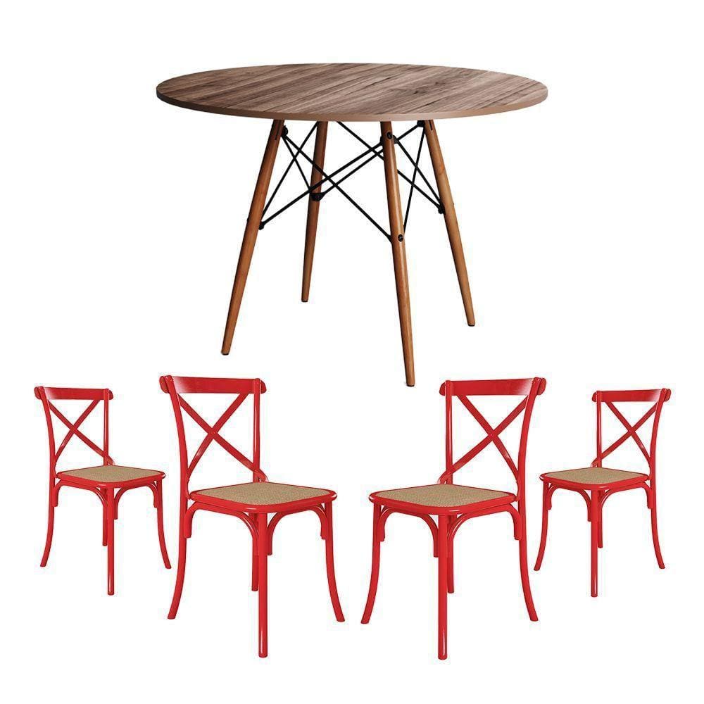Conjunto De Mesa Eiffel Redondo Tampo De Madeira 110Cm Amêndoa Com 4 Cadeiras Katrina Vermelha
