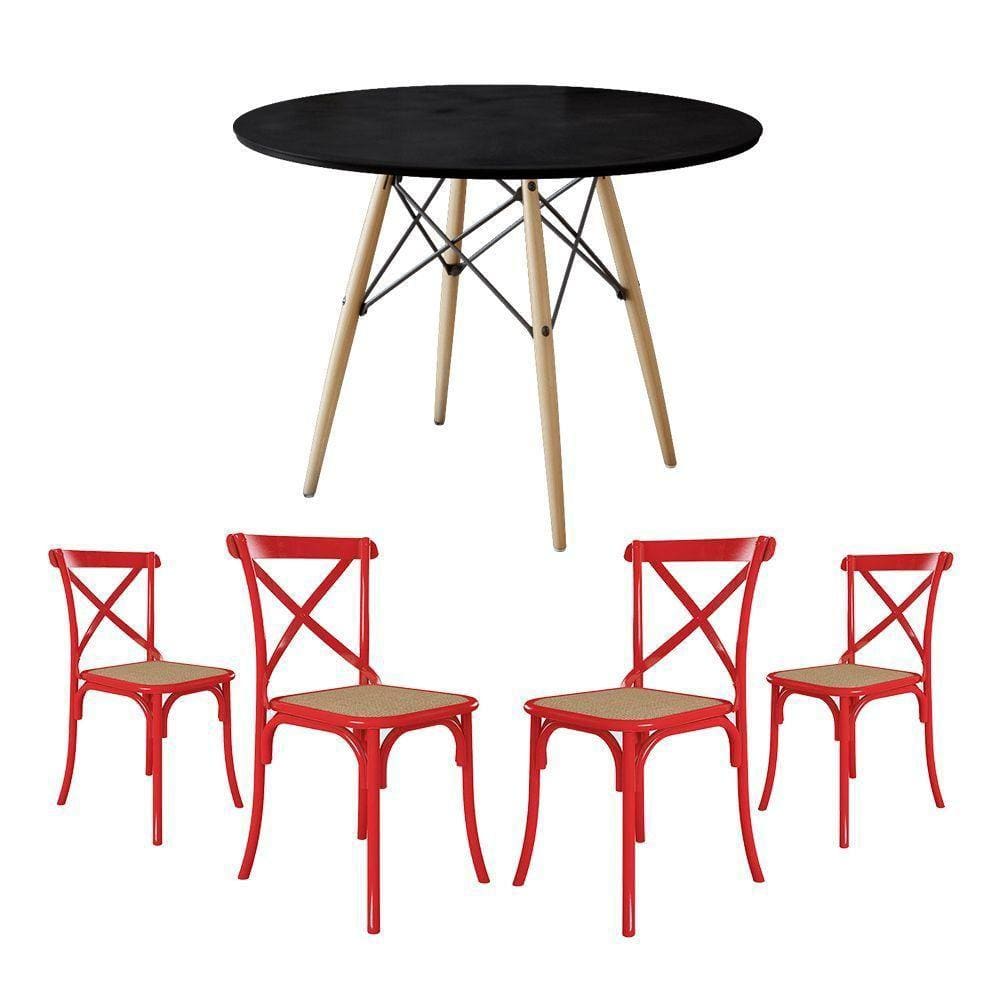 Conjunto De Mesa Eiffel Redondo Tampo De Madeira 110Cm Preto Com 4 Cadeiras Katrina Vermelhao