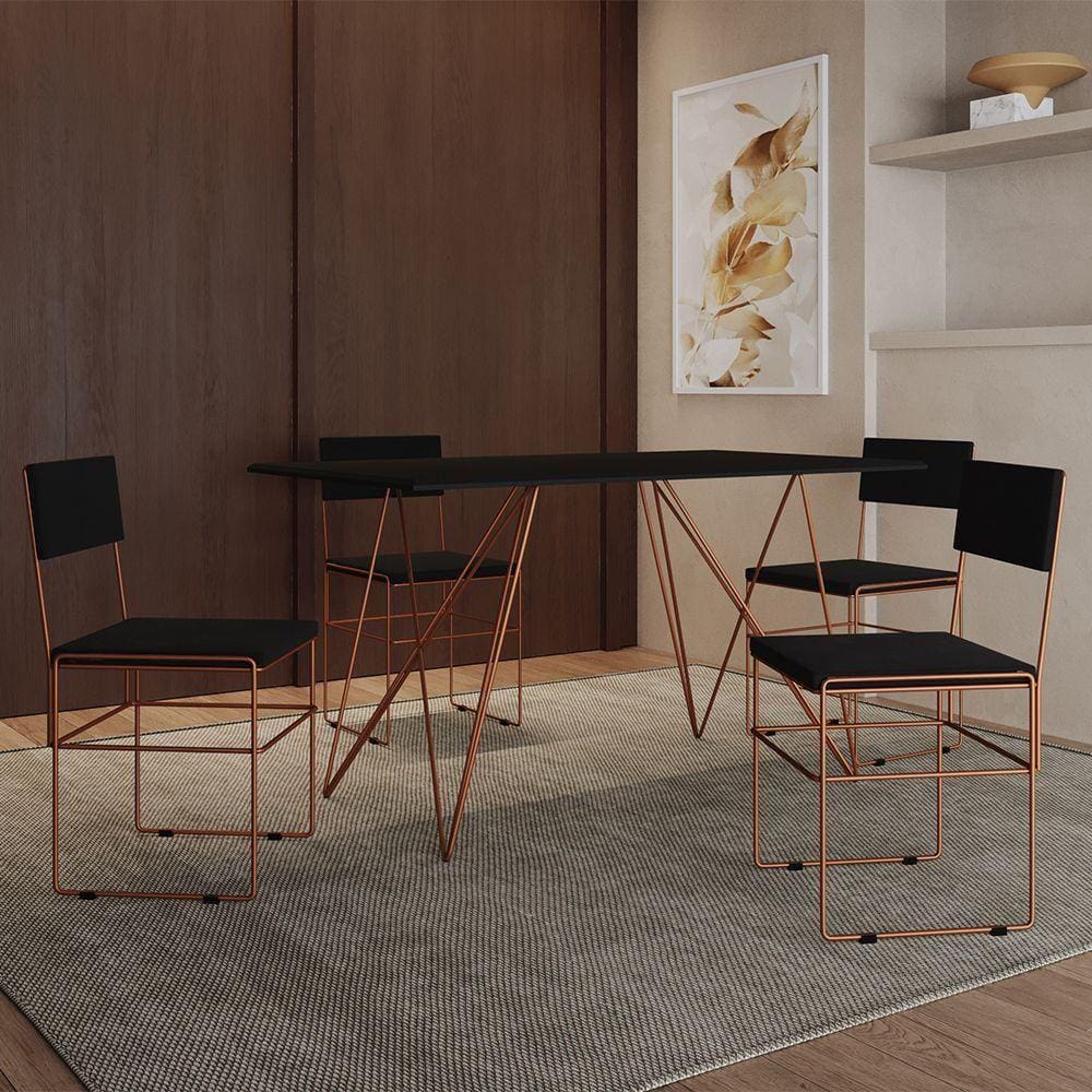 Mesa Jantar Industrial Trama 1,40X0,80M Preta Com 4 Cadeiras Estofadas Vitória Cobre E Preta
