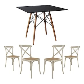 Conjunto De Mesa Eiffel Quadrado Tampo De Madeira 90Cm Preto Com 4 Cadeiras Katrina Off White