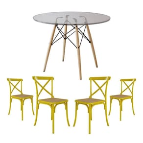 Conjunto De Mesa Eiffel Redondo Tampo De Vidro 110Cm Com 4 Cadeiras Katrina Amarela Assento Bege