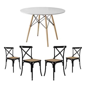 Jogo De Mesa Eiffel Redondo Tampo De Madeira 110Cm Branco Com 4 Cadeiras Katrina Preto Assento Bege