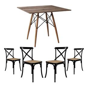 Jogo De Mesa Eiffel Quadrado Tampo De Madeira 90Cm Amêndoa Com 4 Cadeiras Katrina Pretoo Bege