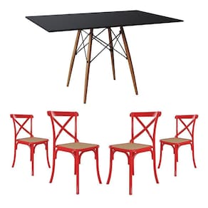 Jogo De Mesa Eiffel Retangular Tampo De Madeira 120X75Cm Preto Com 4 Cadeiras Katrina Vermelha