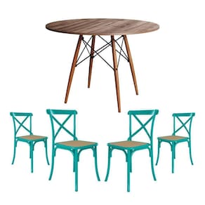 Jogo De Mesa Eiffel Redondo Tampo De Madeira 110Cm Amêndoa Com 4 Cadeiras Katrina Azul Turquesa