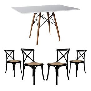 Jogo De Mesa Eiffel Retangular Tampo De Madeira 120X75Cm Branco Com 4 Cadeiras Katrina Pretoo