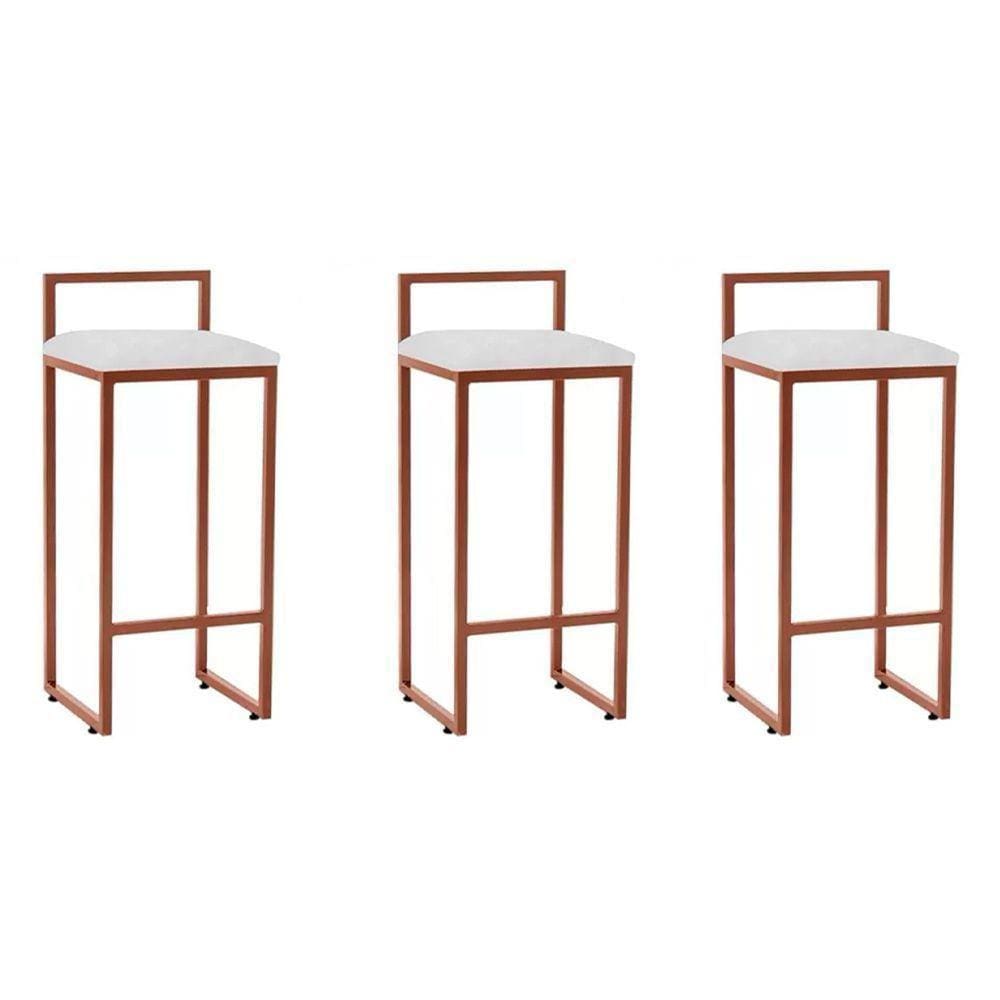 Kit 3 Banquetas Altas Industriais Em Aço Dori Cobre Assento Suede Branco - Cor: Branco