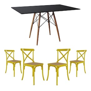 Jogo De Mesa Eiffel Retangular Tampo De Madeira 120X75Cm Preto Com 4 Cadeiras Katrina Amarela