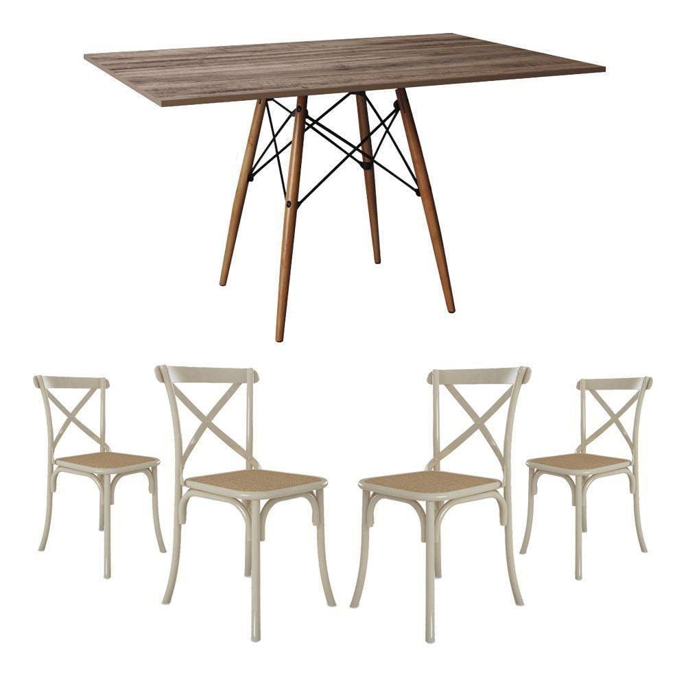 Jogo De Mesa Eiffel Retangular Tampo De Madeira 120X75Cm Amêndoa Com 4 Cadeiras Katrina Off White As