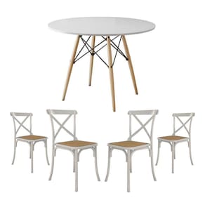 Jogo De Mesa Eiffel Redondo Tampo De Madeira 90Cm Branco Com 4 Cadeiras Katrina Branca Assento Bege