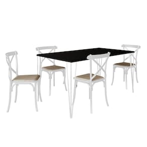 Conjunto De Mesa Elen Retangular Tampo De Madeira 140X80Cm Preto Com 4 Cadeiras Katrina Branca