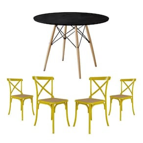 Jogo De Mesa Eiffel Redondo Tampo De Madeira 90Cm Preto Com 4 Cadeiras Katrina Amarela Assento Bege