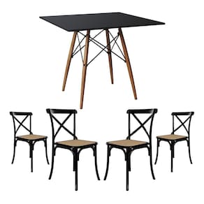 Conjunto De Mesa Eiffel Quadrado Tampo De Madeira 90Cm Preto Com 4 Cadeiras Katrina Preto