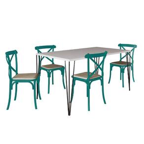 Conjunto De Mesa Elen Retangular Tampo De Madeira 140X80Cm Branco Com 4 Cadeiras Katrina Azul Turque