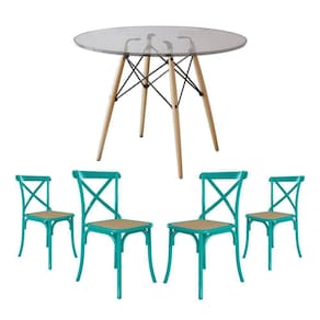 Conjunto De Mesa Eiffel Redondo Tampo De Vidro 110Cm Com 4 Cadeiras Katrina Azul Turquesao Be