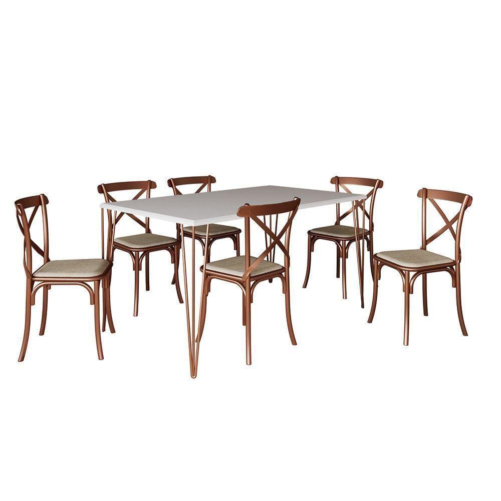 Conjunto Mesa De Jantar Elen Com 6 Cadeiras Katrina Base Cobre E Tampo Branco 150Cm - Cor: Preto