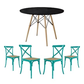 Jogo De Mesa Eiffel Redondo Tampo De Madeira 110Cm Preto Com 4 Cadeiras Katrina Azul Turquesa