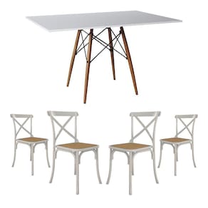 Jogo De Mesa Eiffel Retangular Tampo De Madeira 120X75Cm Branco Com 4 Cadeiras Katrina Branca