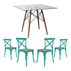Conjunto De Mesa Eiffel Quadrado Tampo De Vidro 110Cm Com 4 Cadeiras Katrina Azul Turquesao