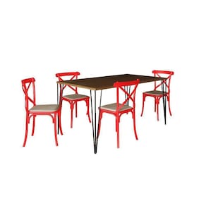 Conjunto De Mesa Elen Retangular Tampo De Madeira 140X80Cm Amêndoa Com 4 Cadeiras Katrina Vermelha A