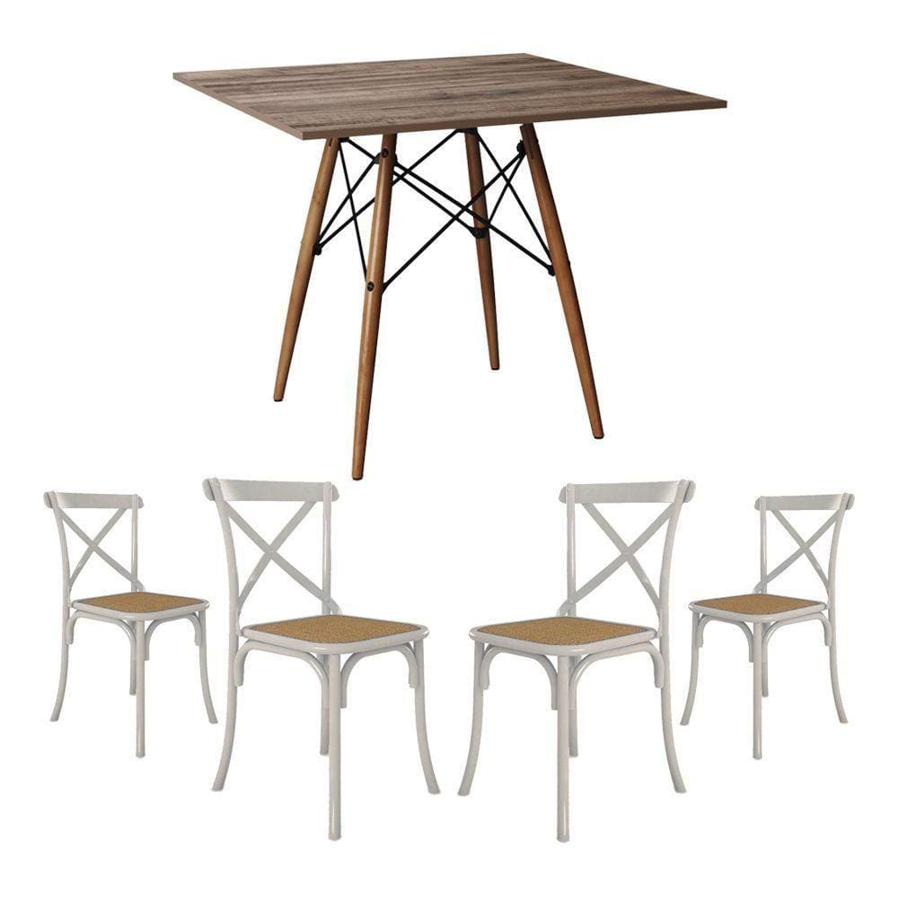 Conjunto De Mesa Eiffel Quadrado Tampo De Madeira 90Cm Amêndoa Com 4 Cadeiras Katrina Brancao