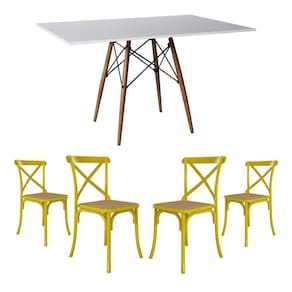 Jogo De Mesa Eiffel Retangular Tampo De Madeira 120X75Cm Branco Com 4 Cadeiras Katrina Amarela