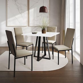 Conjunto De Jantar Mesa Mônaco Premium 90Cm Branca Com 4 Cadeiras Estofadas Bege - Cor: Preto