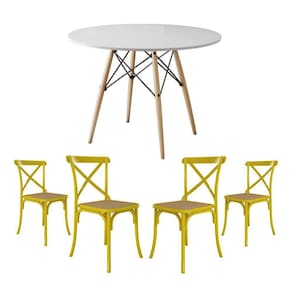 Jogo De Mesa Eiffel Redondo Tampo De Madeira 90Cm Branco Com 4 Cadeiras Katrina Amarelao Bege
