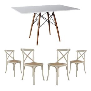 Jogo De Mesa Eiffel Retangular Tampo De Madeira 120X75Cm Branco Com 4 Cadeiras Katrina Off White