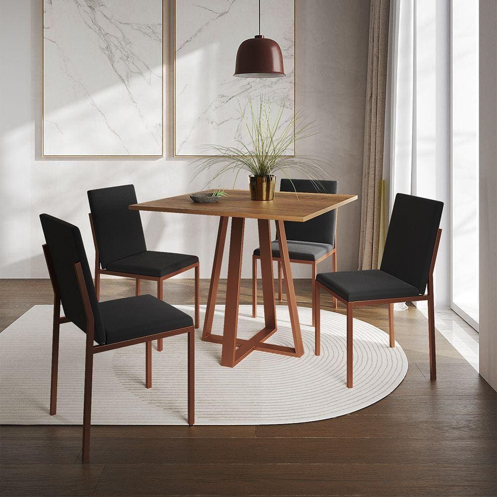 Conjunto De Jantar Mesa 90Cm Imbuia Com 4 Cadeiras Estofadas Pretas Base Cobre - Preto