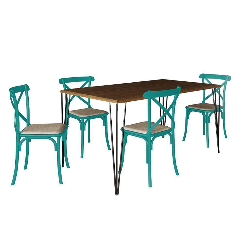 Jogo De Mesa Elen Retangular Tampo De Madeira 140X80Cm Amêndoa Com 4 Cadeiras Katrina Azul Turquesa
