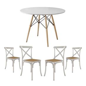 Jogo De Mesa Eiffel Redondo Tampo De Madeira 110Cm Branco Com 4 Cadeiras Katrina Brancao Bege